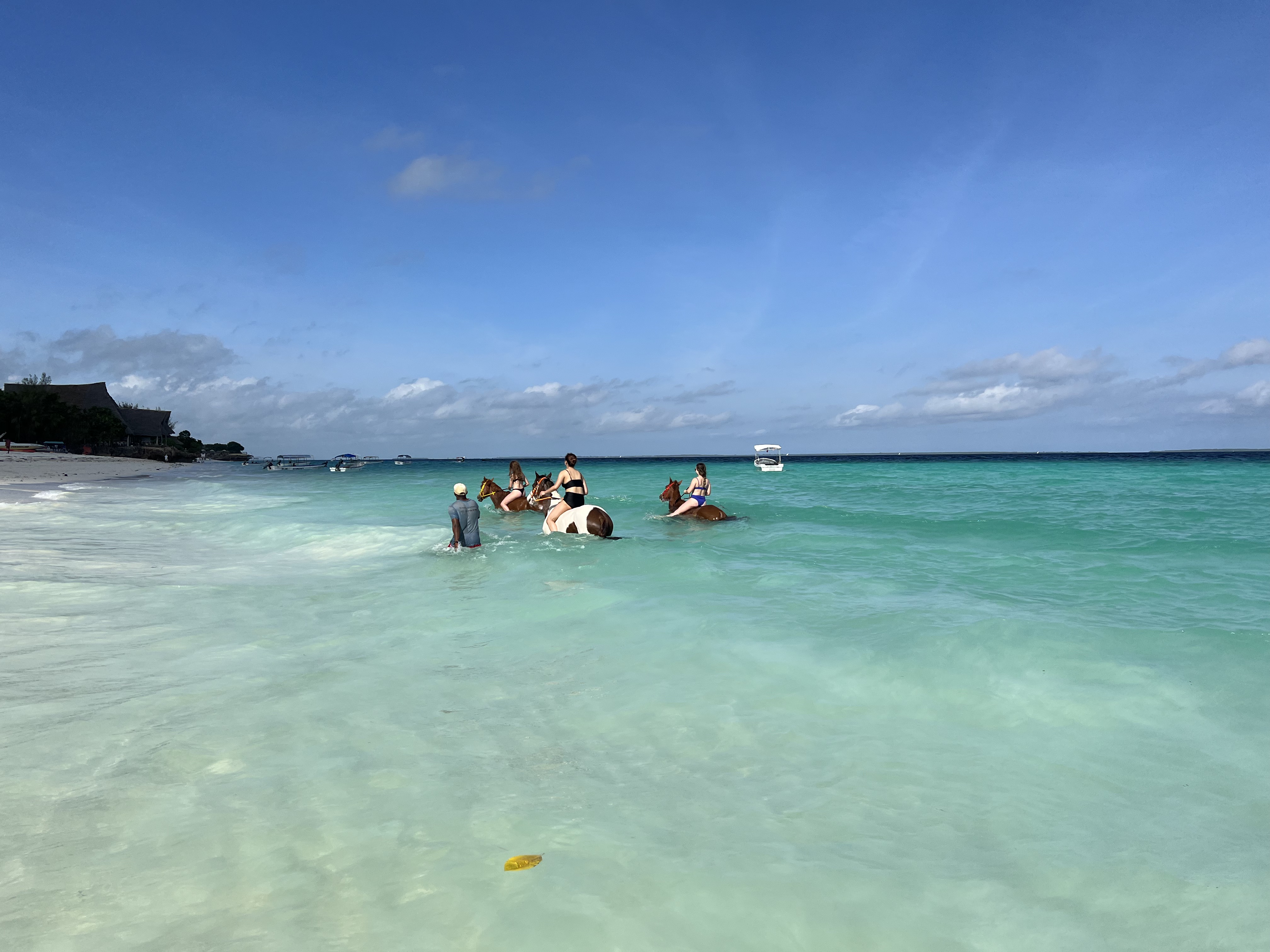 A beach with the clearest light blue water. In the midground there are 3 girls (Nicole, Victoria, and Shannon) riding horses in the opposite direction of the camera. There is also a guide in the water.